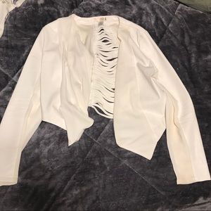 White cropped faux leather cut out jacket